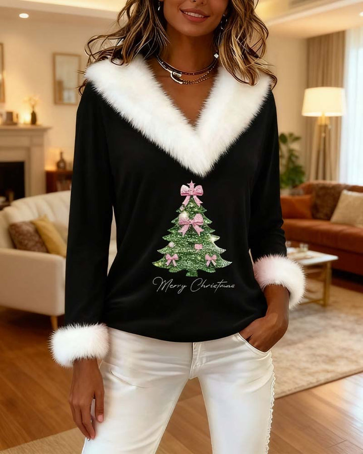 Holly | Festive Tree Print V-Neck Holiday Top
