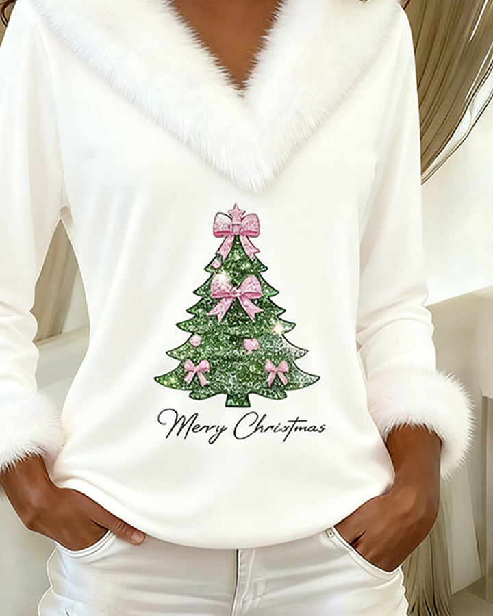Holly | Festive Tree Print V-Neck Holiday Top