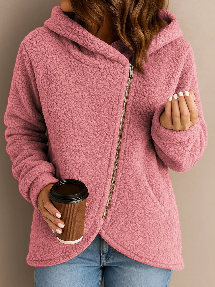 Lena | Cozy Angled Zip Hooded Jacket
