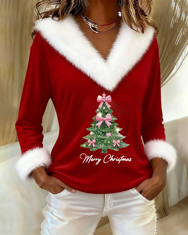 Holly | Festive Tree Print V-Neck Holiday Top