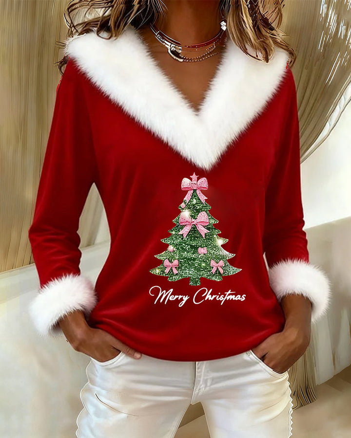 Holly | Festive Tree Print V-Neck Holiday Top