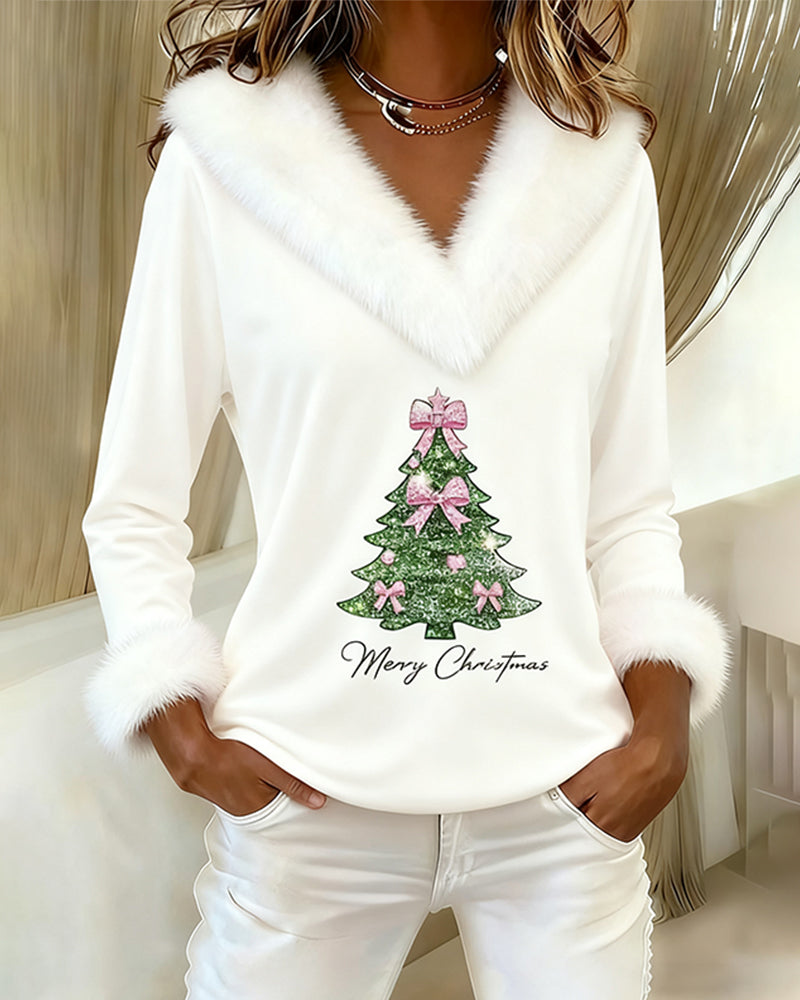 Holly | Festive Tree Print V-Neck Holiday Top