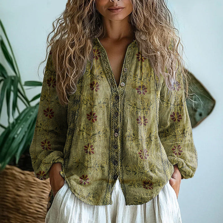 Amber | Elegant Vintage Leaf Print Shirt