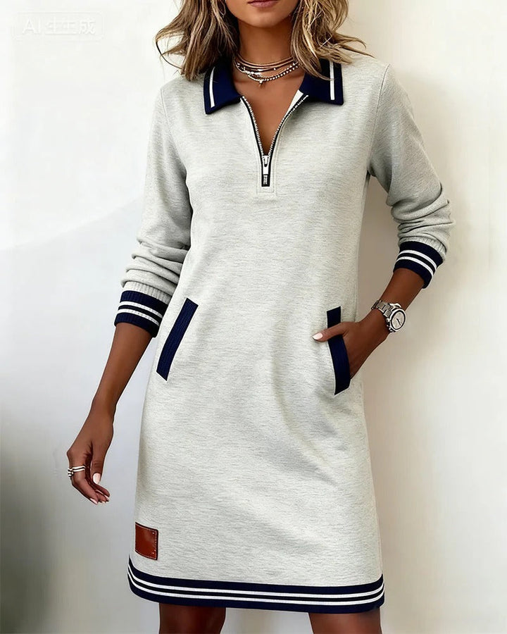 Eliana | Elegant Zip-Collar Striped Midi Dress